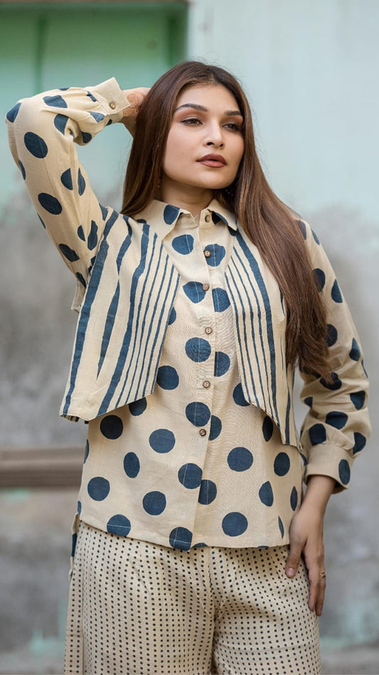 Indigo Polka & Stripe 3-Piece Cotton Co-ord Set – Cream Base