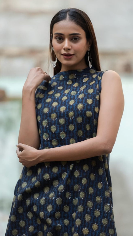Indigo Gold Handblock Kurta Set – Sleeveless Organic Cotton Co-ord