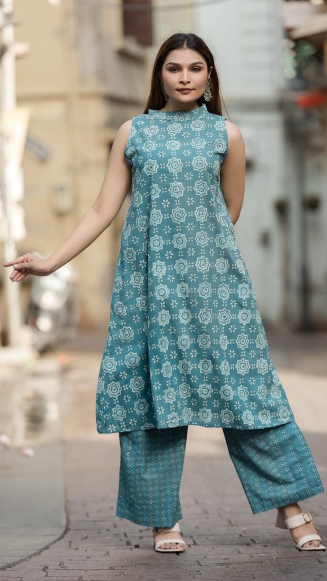 Teal Charm Sleeveless A-Line Kurta Set – Hand Block Printed with Culottes