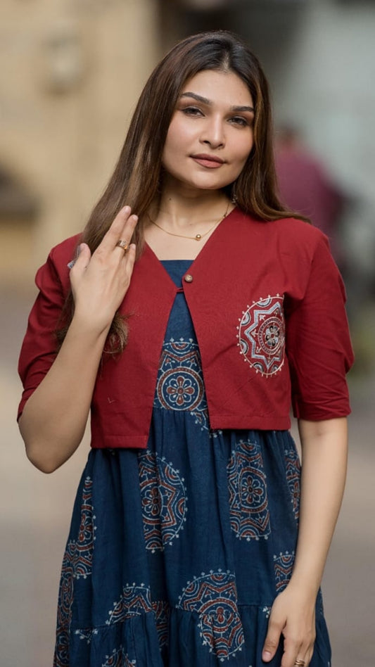 Indigo Whirl Handblock One-Piece with Embroidered Jacket