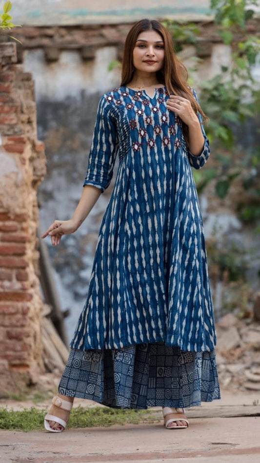 Indigo Katha Mirror Kurta Set with Hand-Blocked Palazzo