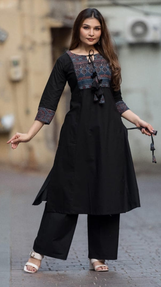 Midnight Grace Black Kurta Set – Block Printed Yoke with Palazzo Pants