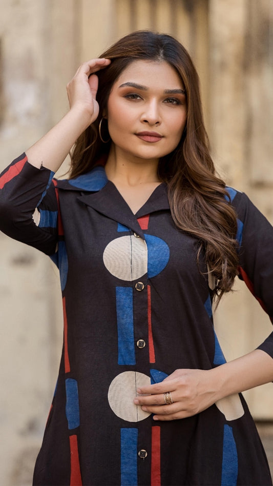 Geo Pop Blazer Kurta Set – Black & Beige