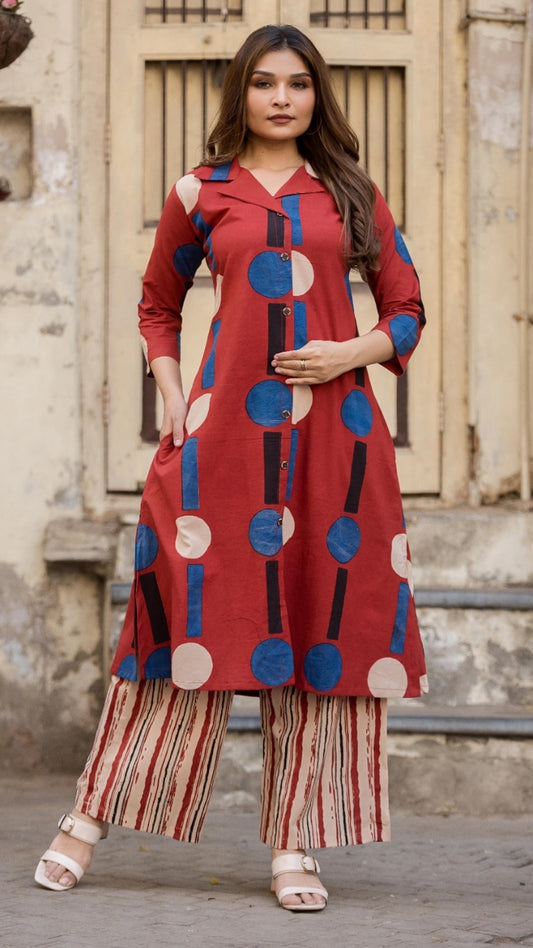 Maroon Mod Block Print Kurta Set – Blazer Neck & Striped Palazzo | Organic Cotton