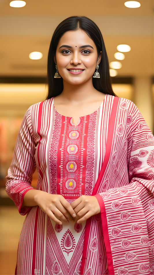 Magenta Pink Karachi Style Printed Cotton Suit