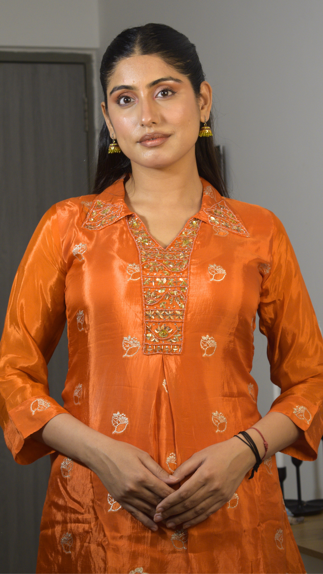 Orange Satin Crepe Banarasi Co-ord Set