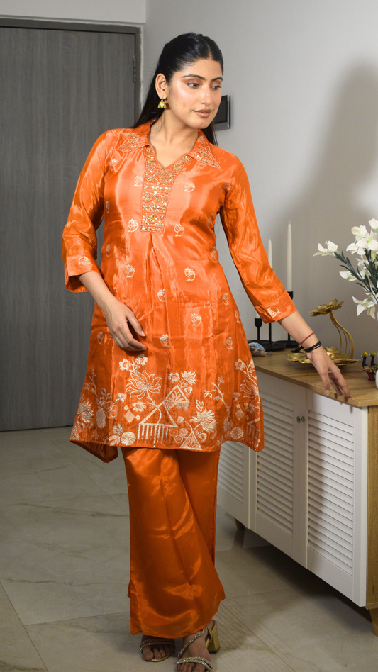 Orange Satin Crepe Banarasi Co-ord Set