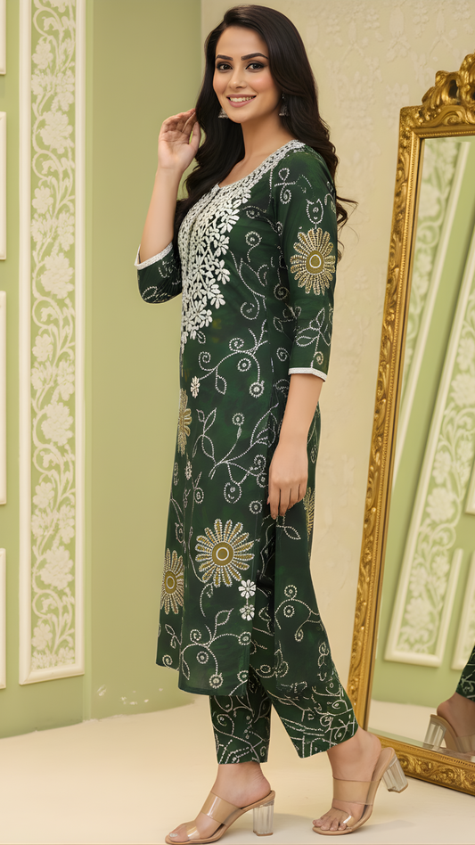 Dark Green Vatican Fabric Floral Embroidered Co-ord Set