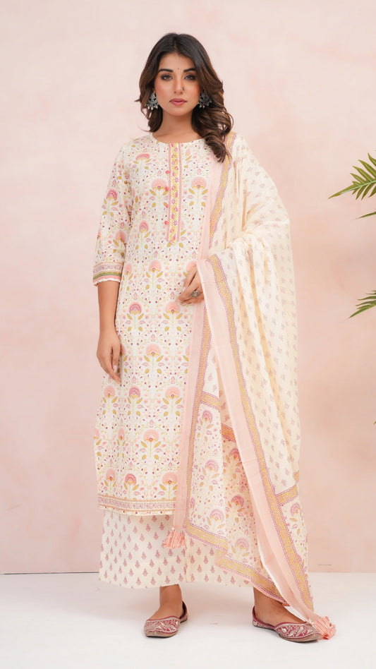 Peach Bloom Floral Kurta Set – 100% Cambric Cotton with Dupatta