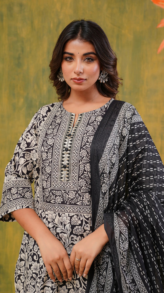 Black Floral Printed Cotton Kurta Set with Dupatta