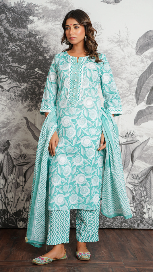 Mint Bloom Embroidered Cambric Cotton Suit-Set