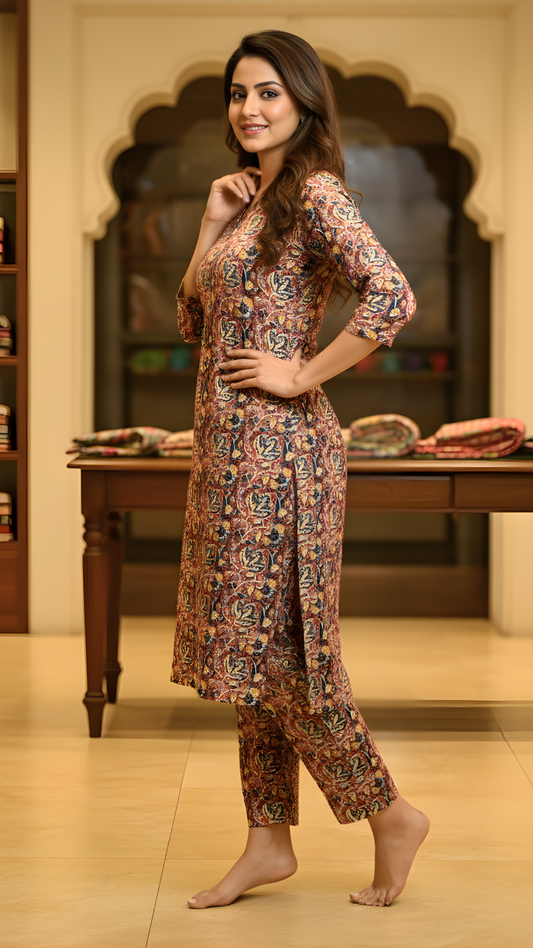 Maroon Pure Cotton Katha Work Kurti–Pant Set