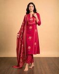 Ruby Red Embroidered Cambric Cotton Kurti Pant Dupatta Set