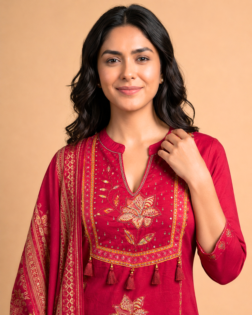 Ruby Red Embroidered Cambric Cotton Kurti Pant Dupatta Set