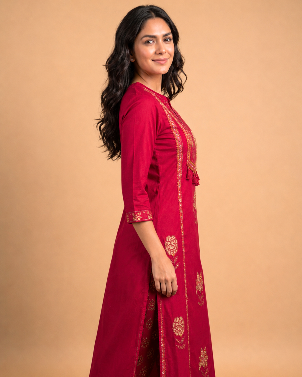Ruby Red Embroidered Cambric Cotton Kurti Pant Dupatta Set