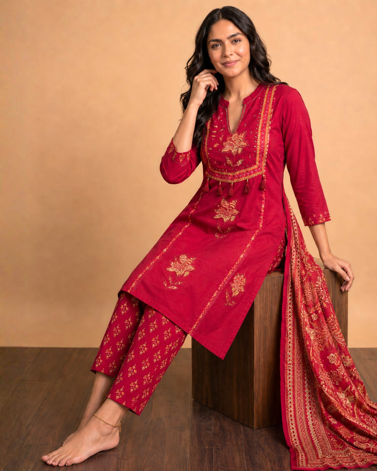 Ruby Red Embroidered Cambric Cotton Kurti Pant Dupatta Set
