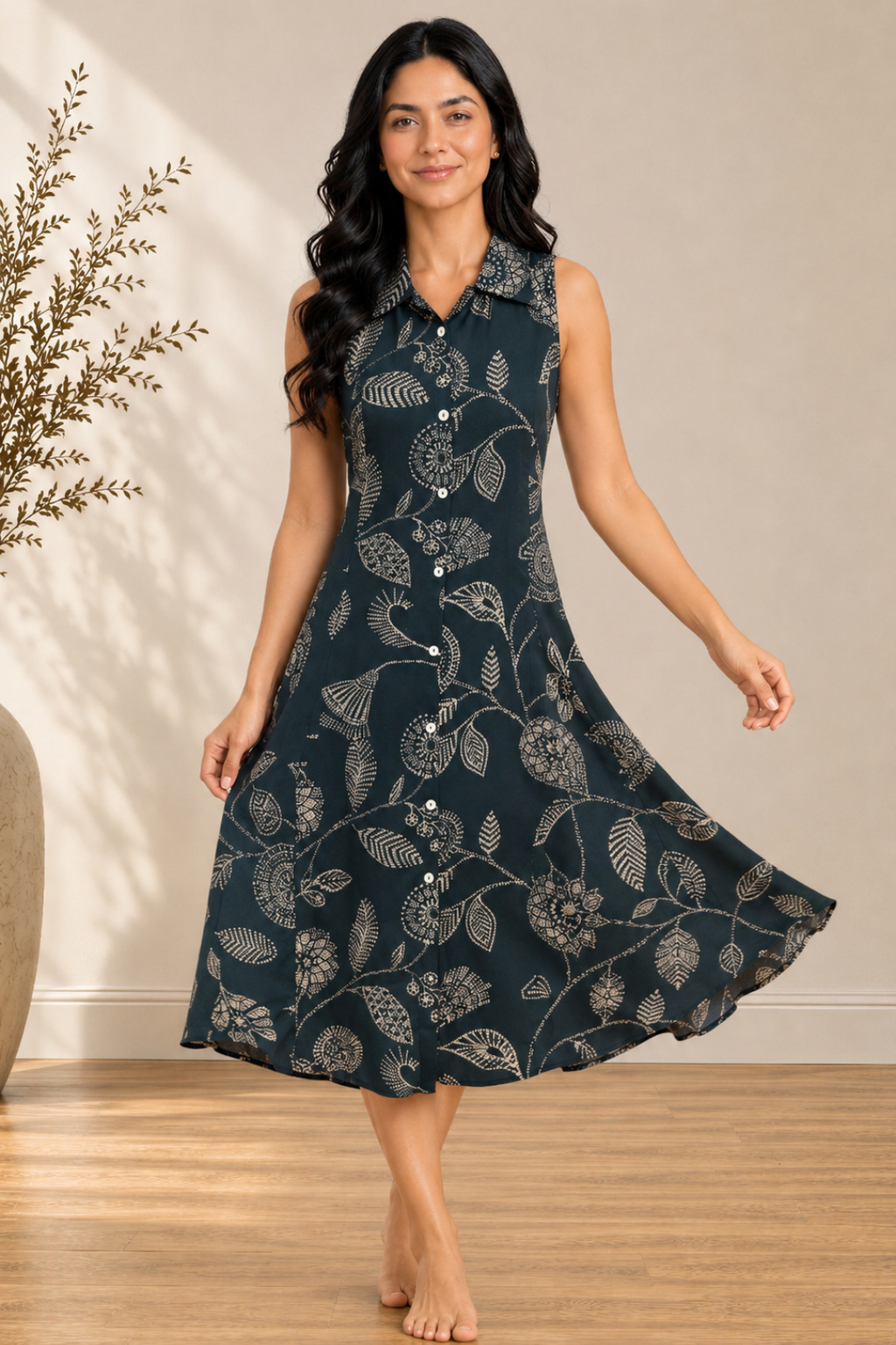 Dark Green Rayon Bloom Midi Dress