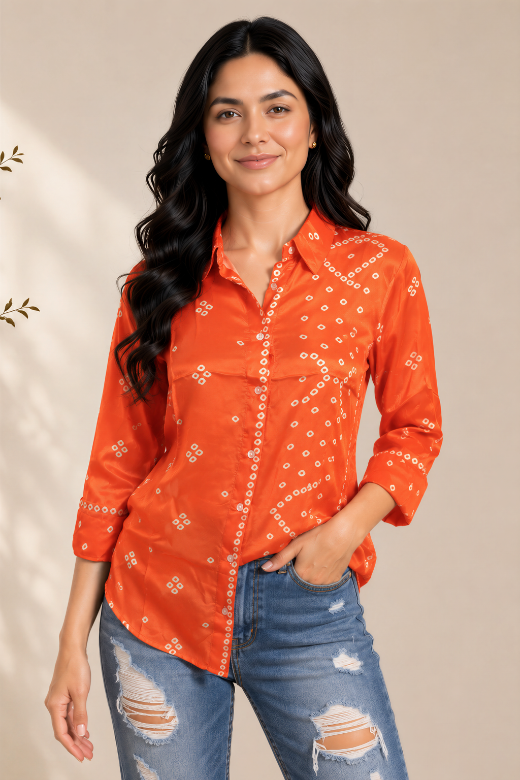 Orange bhandej crepe silk shirt