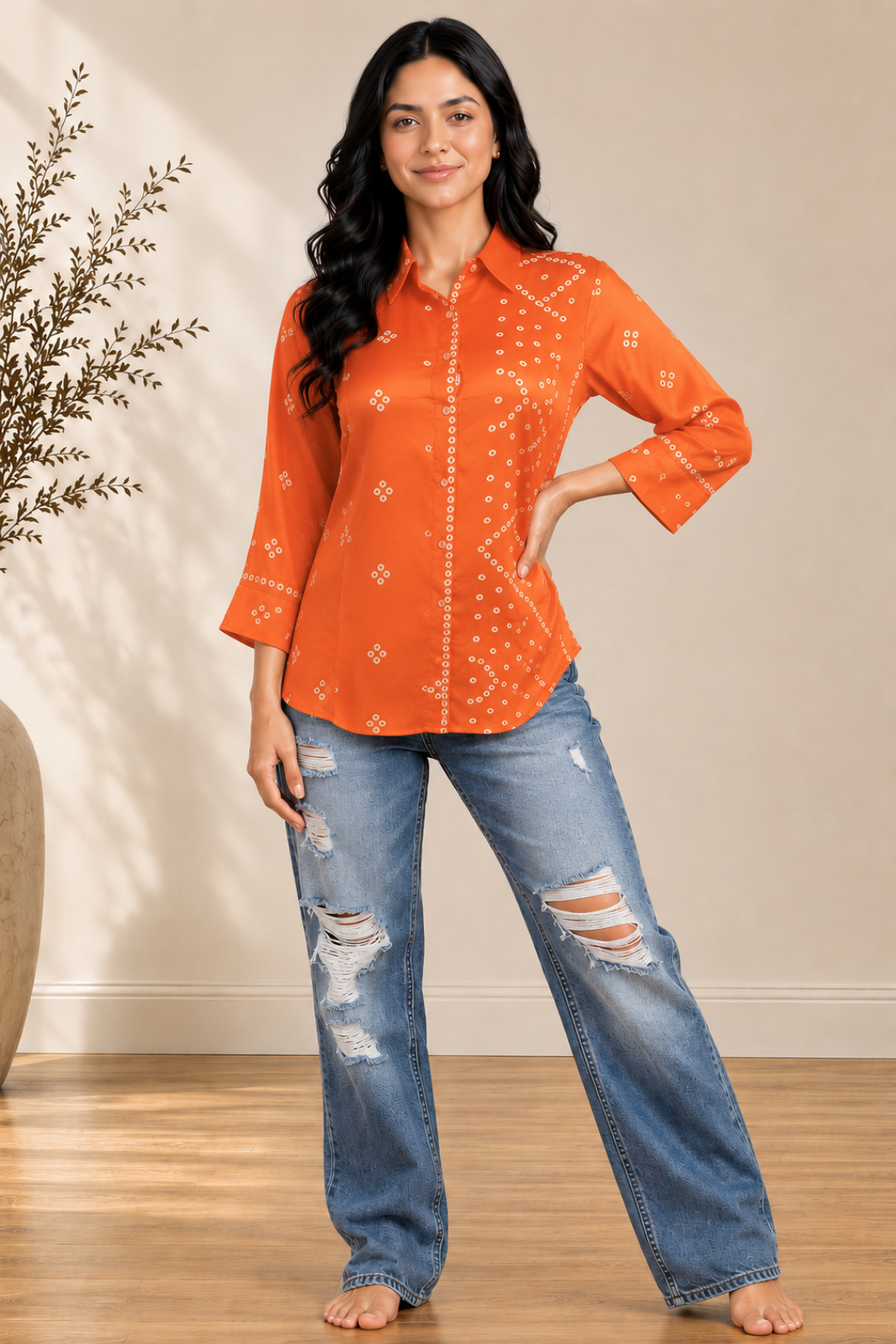 Orange bhandej crepe silk shirt