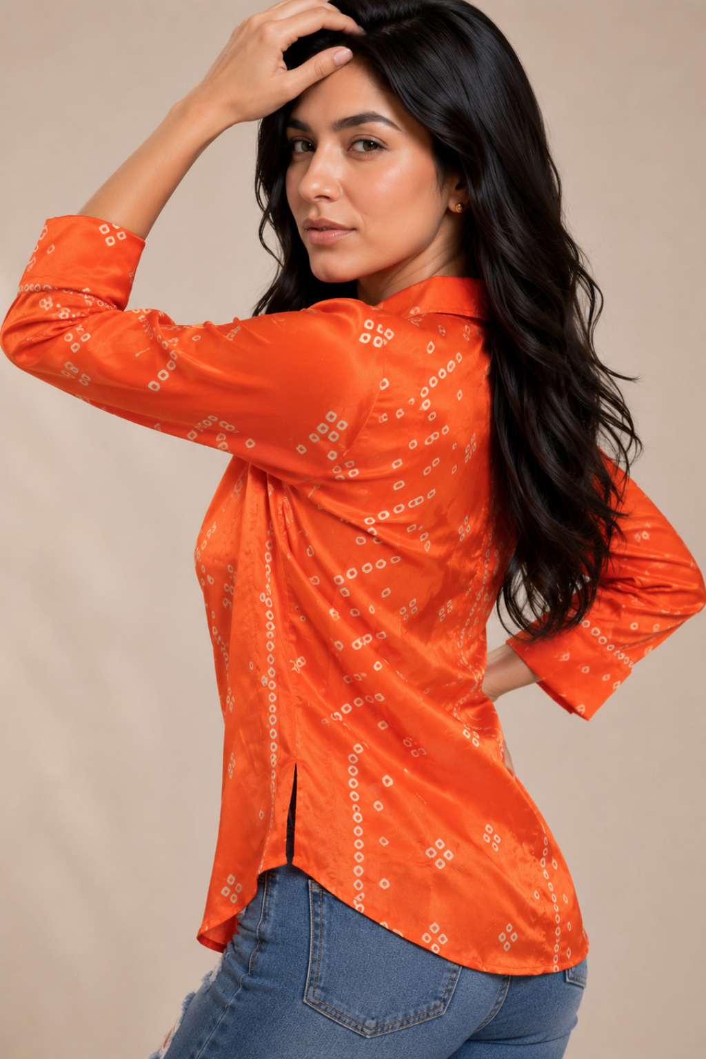 Orange bhandej crepe silk shirt