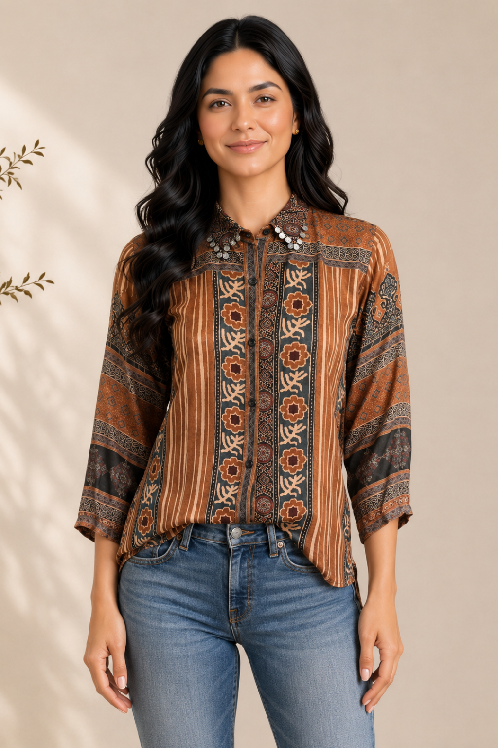 Brown Ajrakh Crepe Silk Shirt