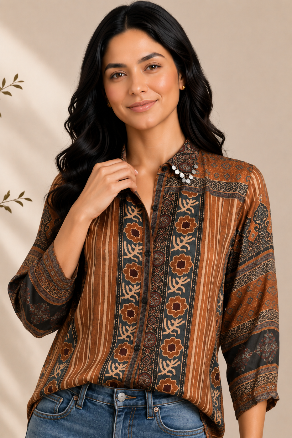Brown Ajrakh Crepe Silk Shirt