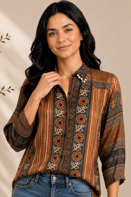 Brown Ajrakh Crepe Silk Shirt