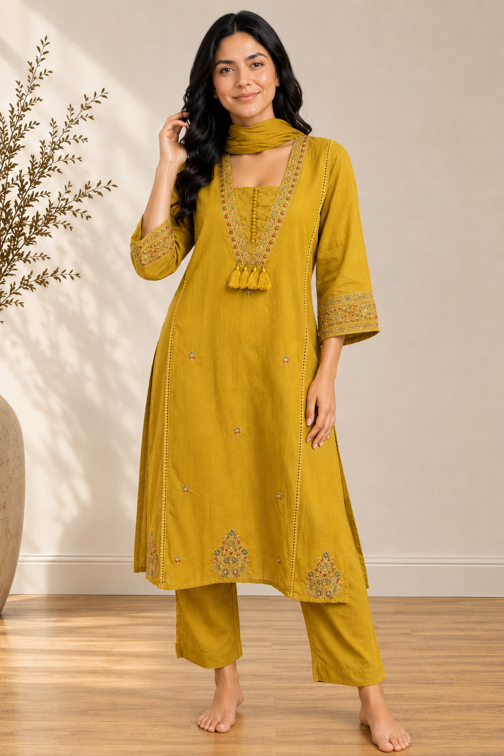 Mustard Mulmul A-Line Suit Set