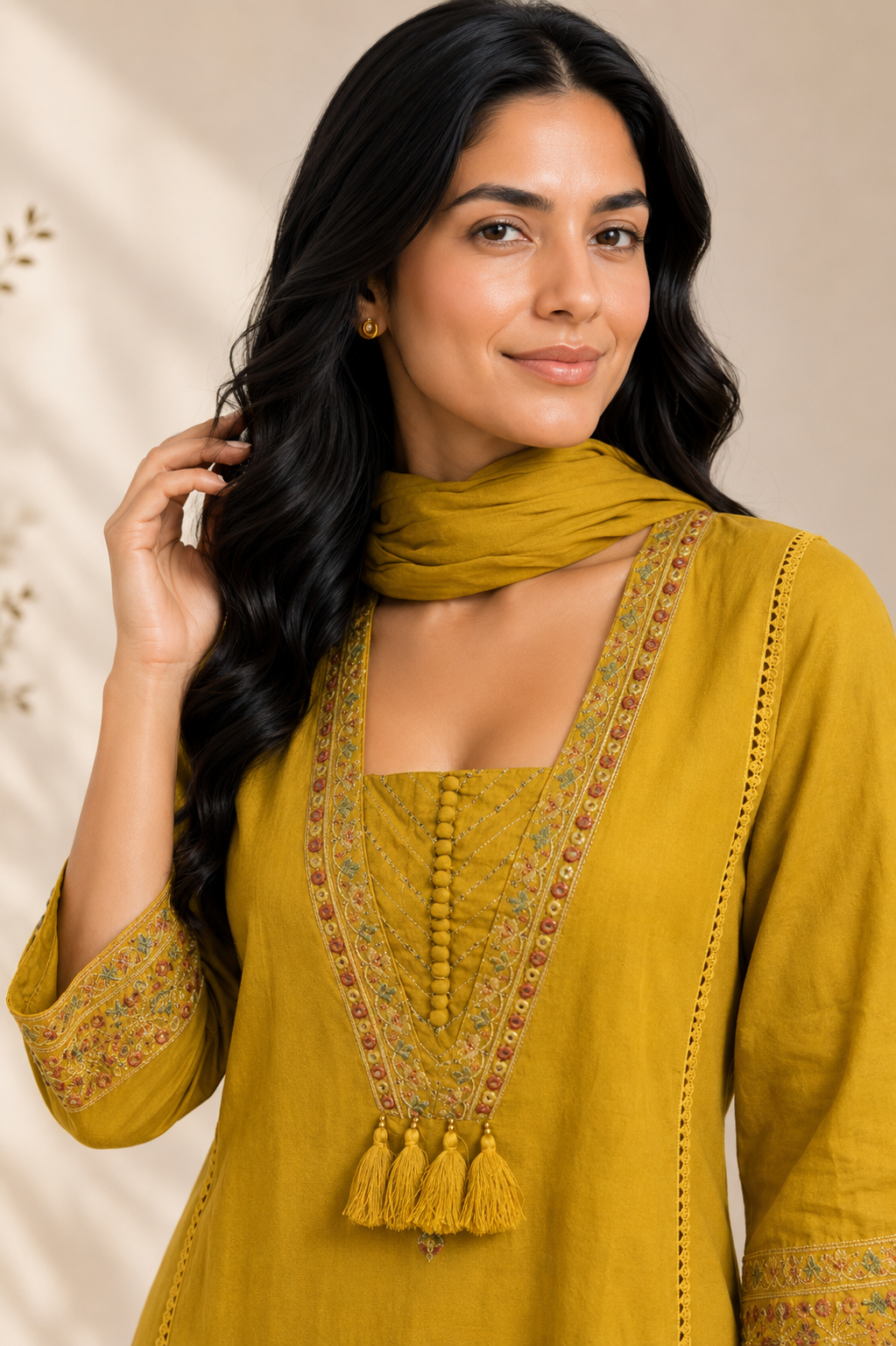 Mustard Mulmul A-Line Suit Set