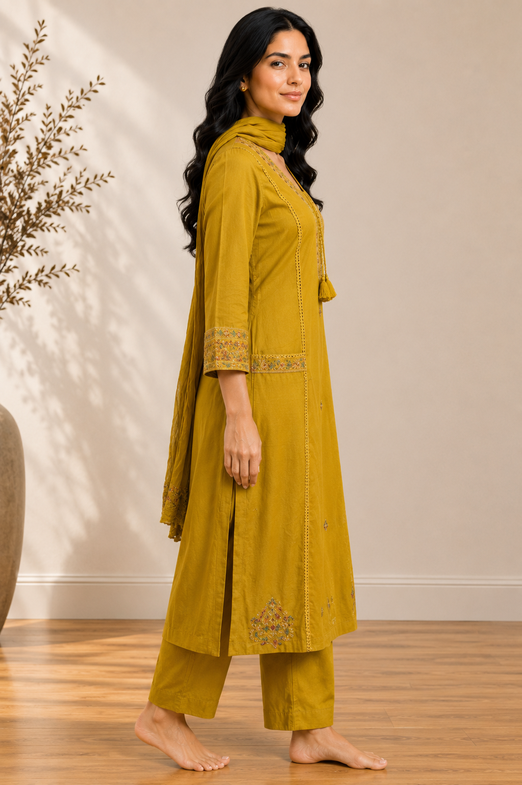 Mustard Mulmul A-Line Suit Set