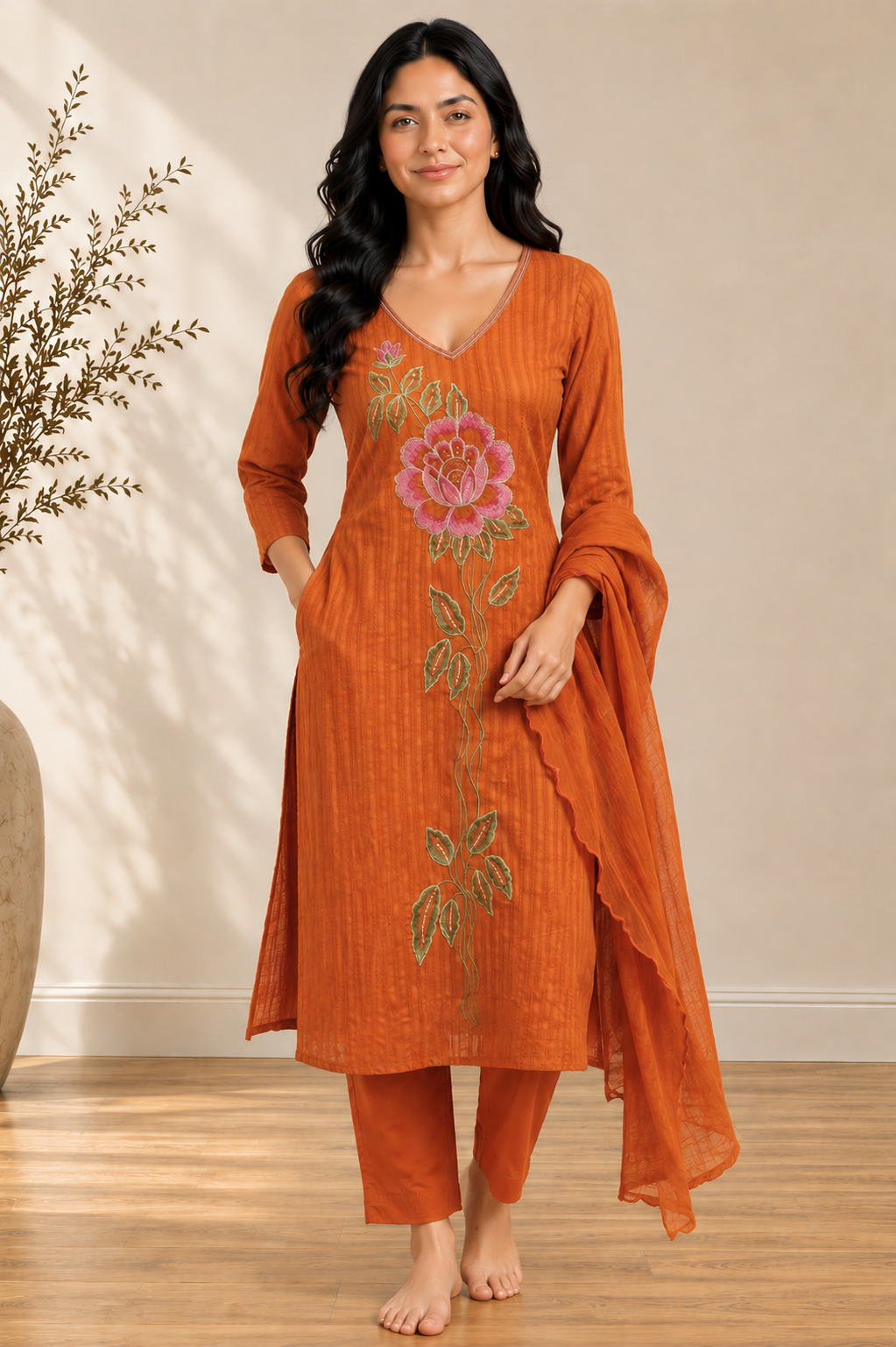 Rust Blossom Embroidered Cotton Suit Set