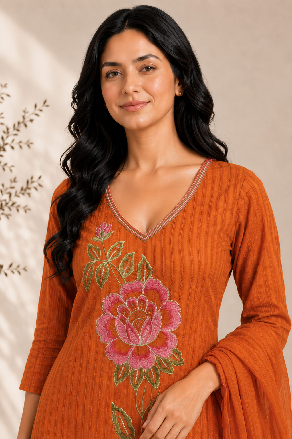 Rust Blossom Embroidered Cotton Suit Set