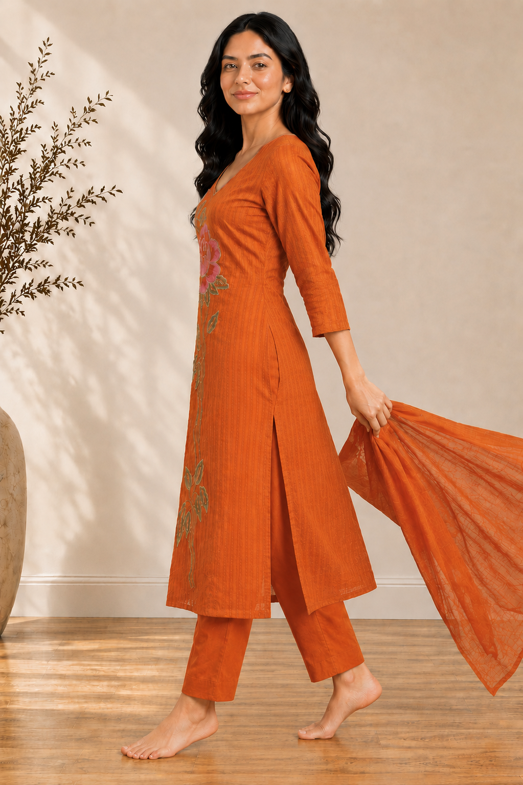 Rust Blossom Embroidered Cotton Suit Set