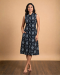 Black Ikat Print Cotton A-Line Midi Dress
