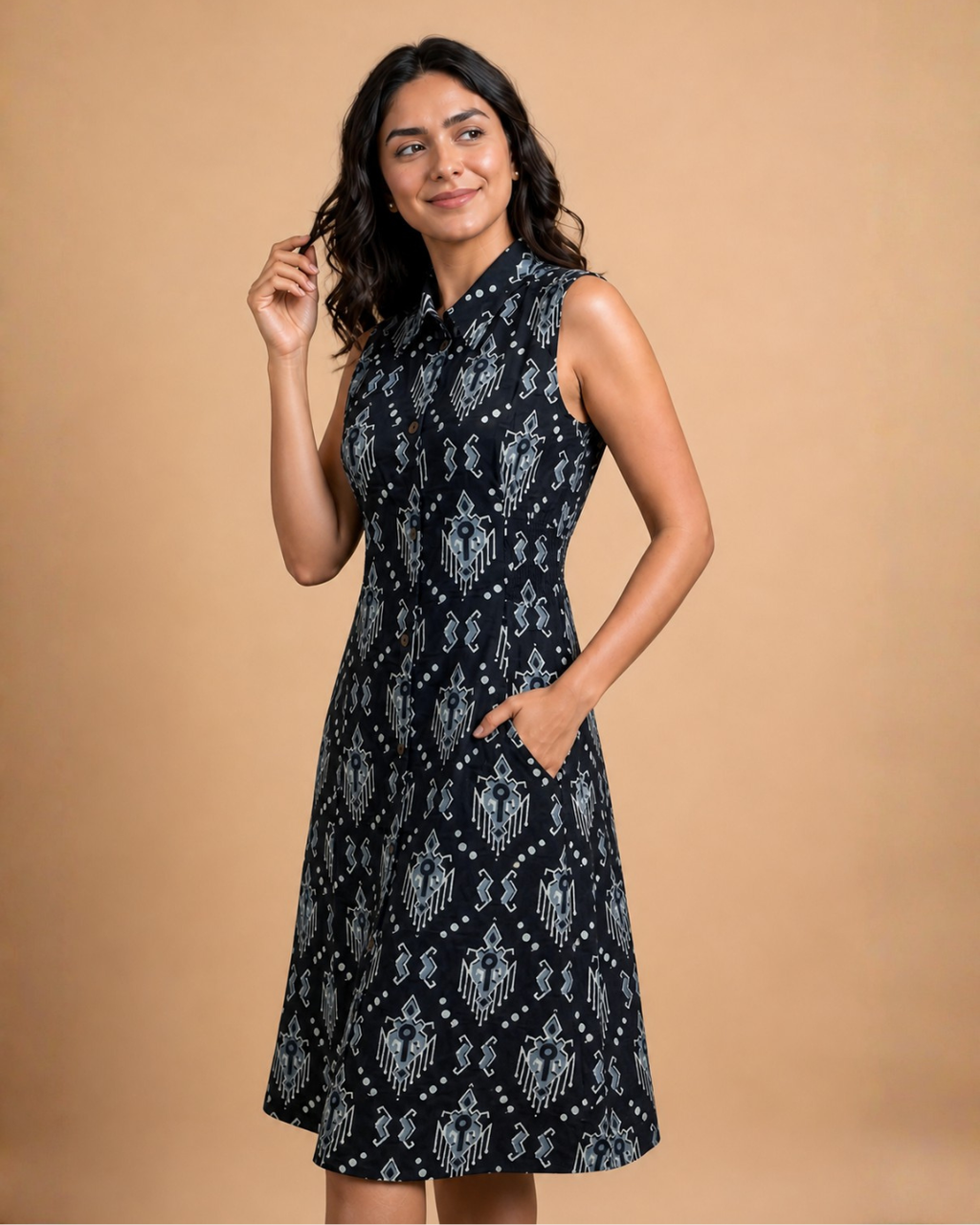 Black Ikat Print Cotton A-Line Midi Dress
