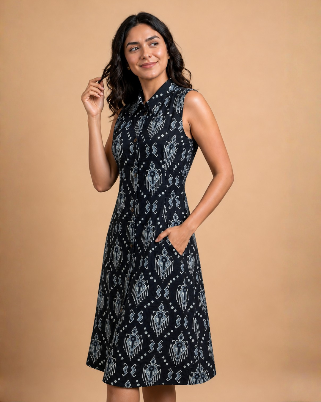 Black Ikat Print Cotton A-Line Midi Dress
