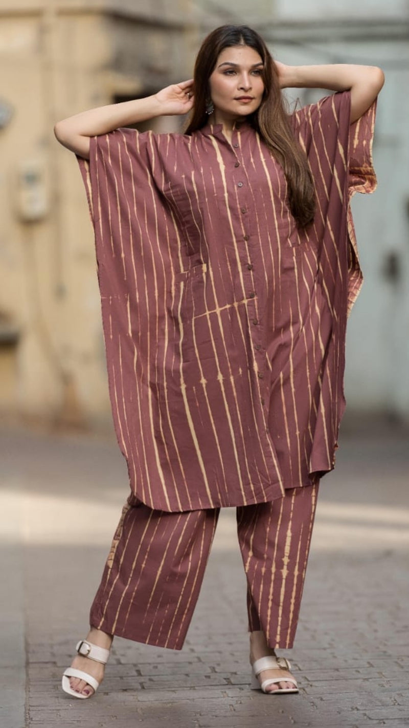 Tan Stripes Kaftan Shirt Kurta Set – Organic Cotton Comfortwear