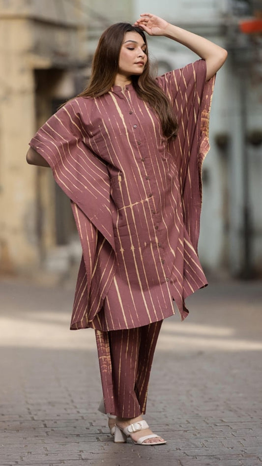 Tan Stripes Kaftan Shirt Kurta Set – Organic Cotton Comfortwear