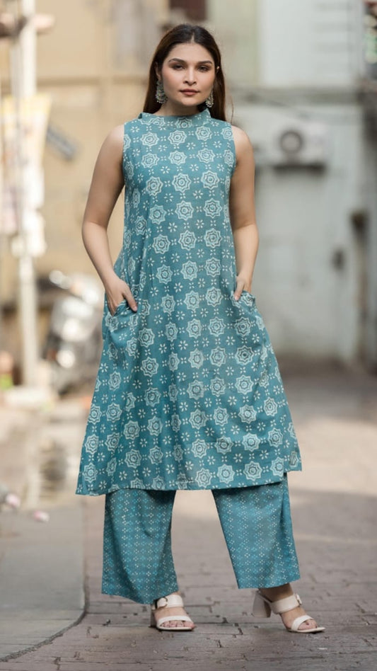 Teal Charm Sleeveless A-Line Kurta Set – Hand Block Printed with Culottes