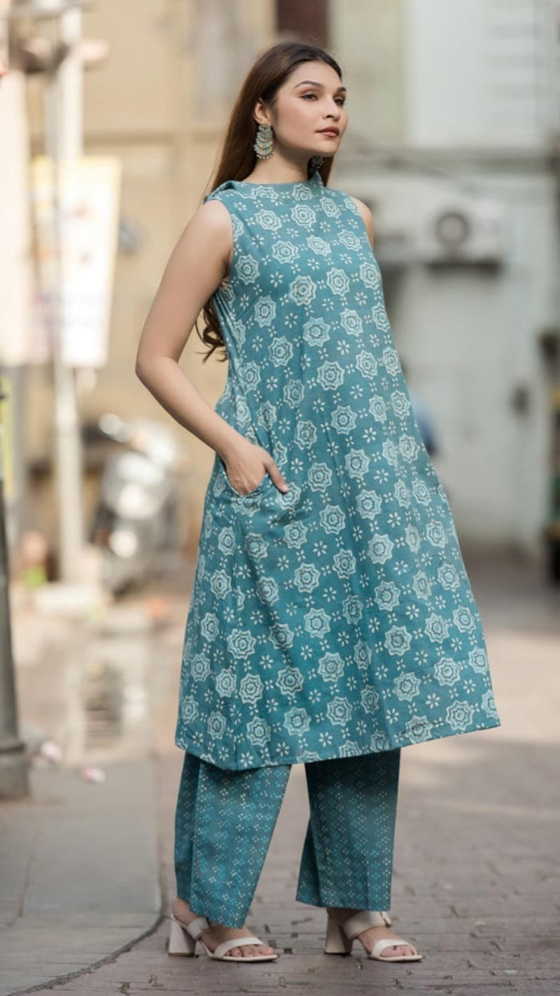 Teal Charm Sleeveless A-Line Kurta Set – Hand Block Printed with Culottes