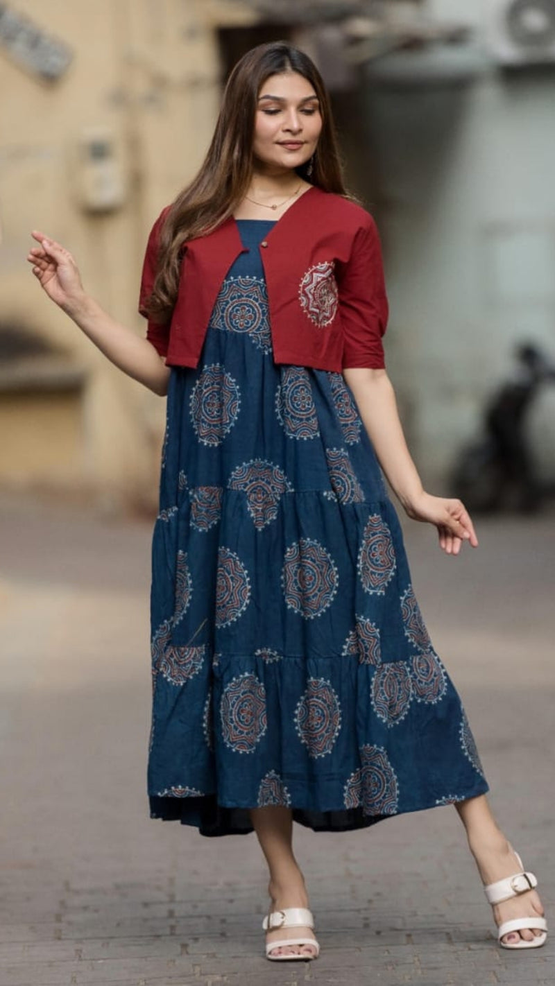 Indigo Whirl Handblock One-Piece with Embroidered Jacket
