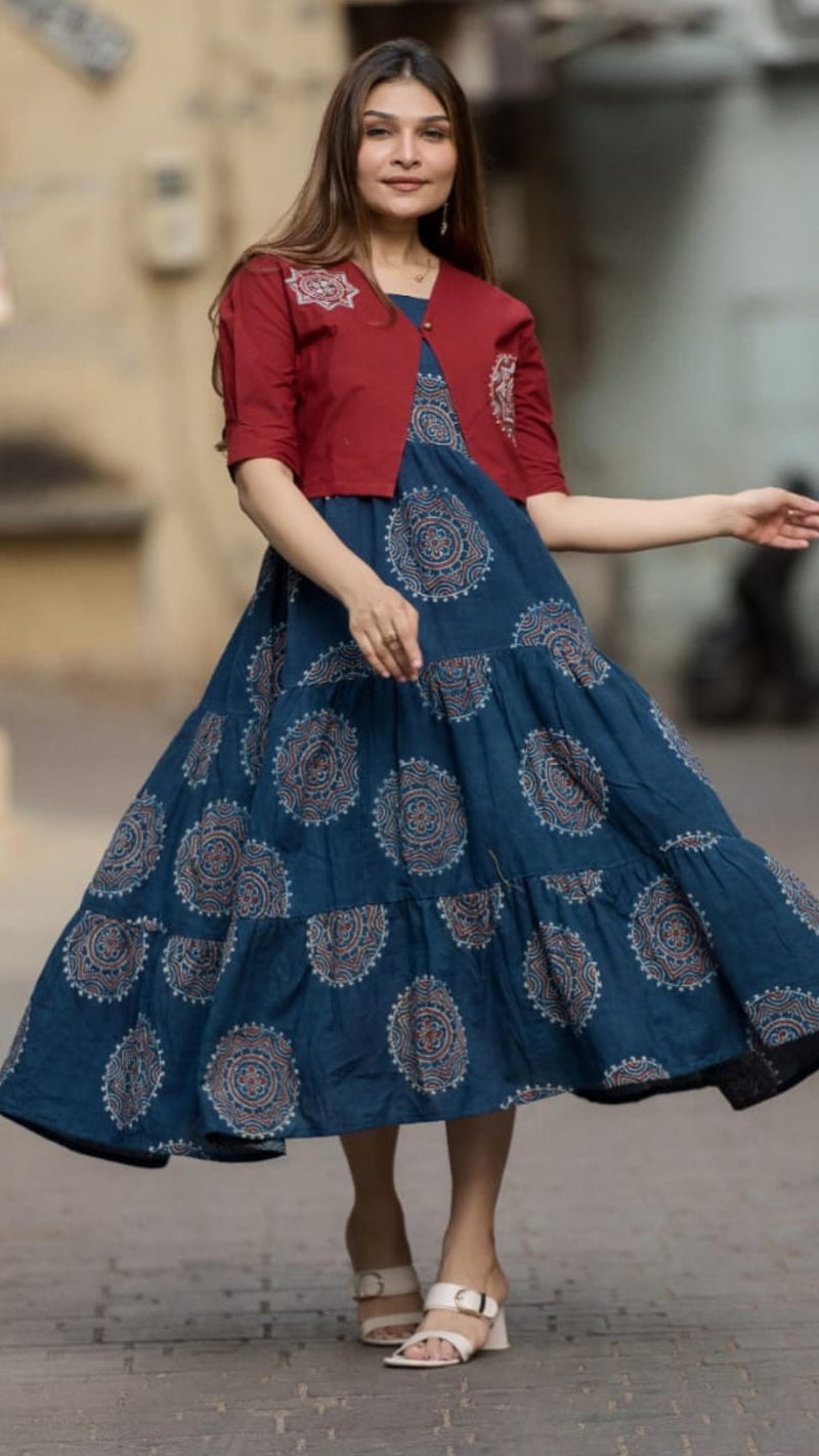 Indigo Whirl Handblock One-Piece with Embroidered Jacket