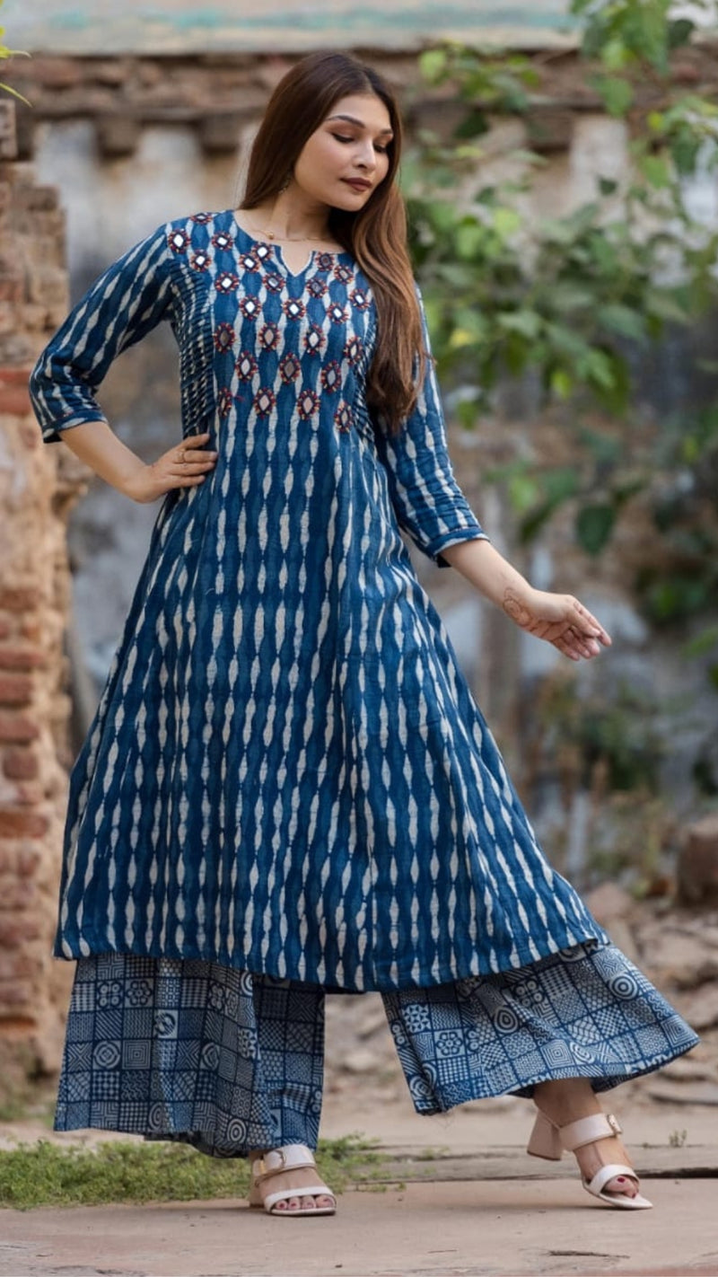 Indigo Katha Mirror Kurta Set with Hand-Blocked Palazzo