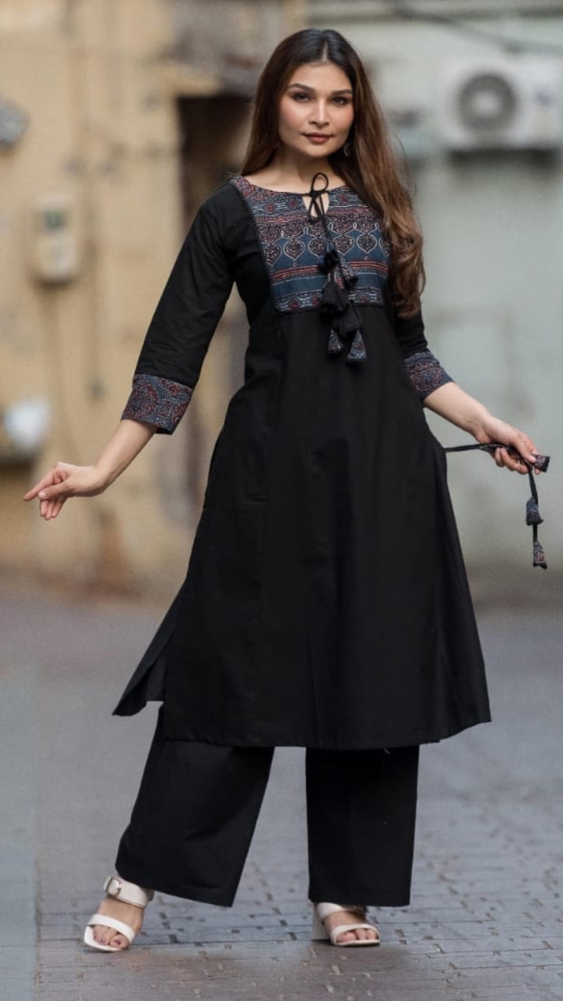 Midnight Grace Black Kurta Set – Block Printed Yoke with Palazzo Pants