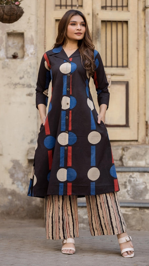 Geo Pop Blazer Kurta Set – Black & Beige
