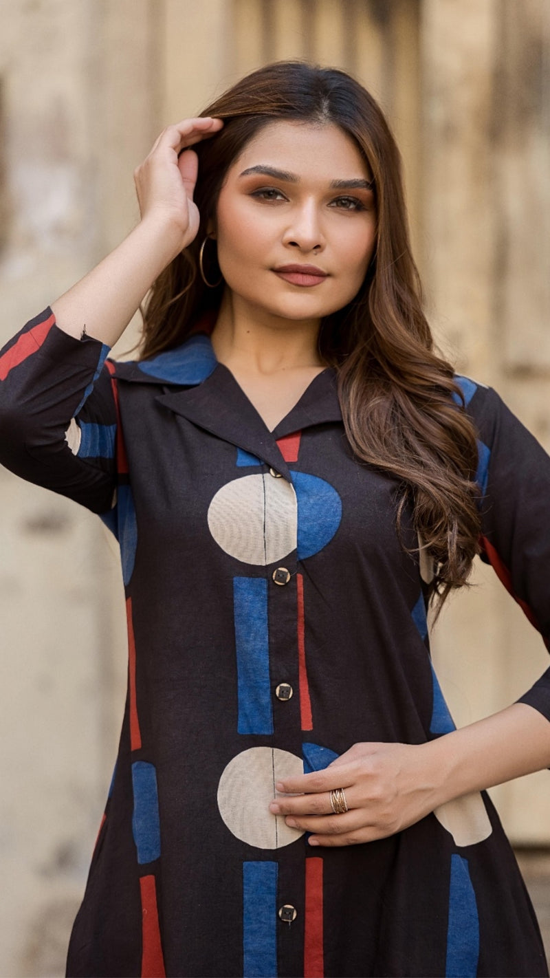 Geo Pop Blazer Kurta Set – Black & Beige