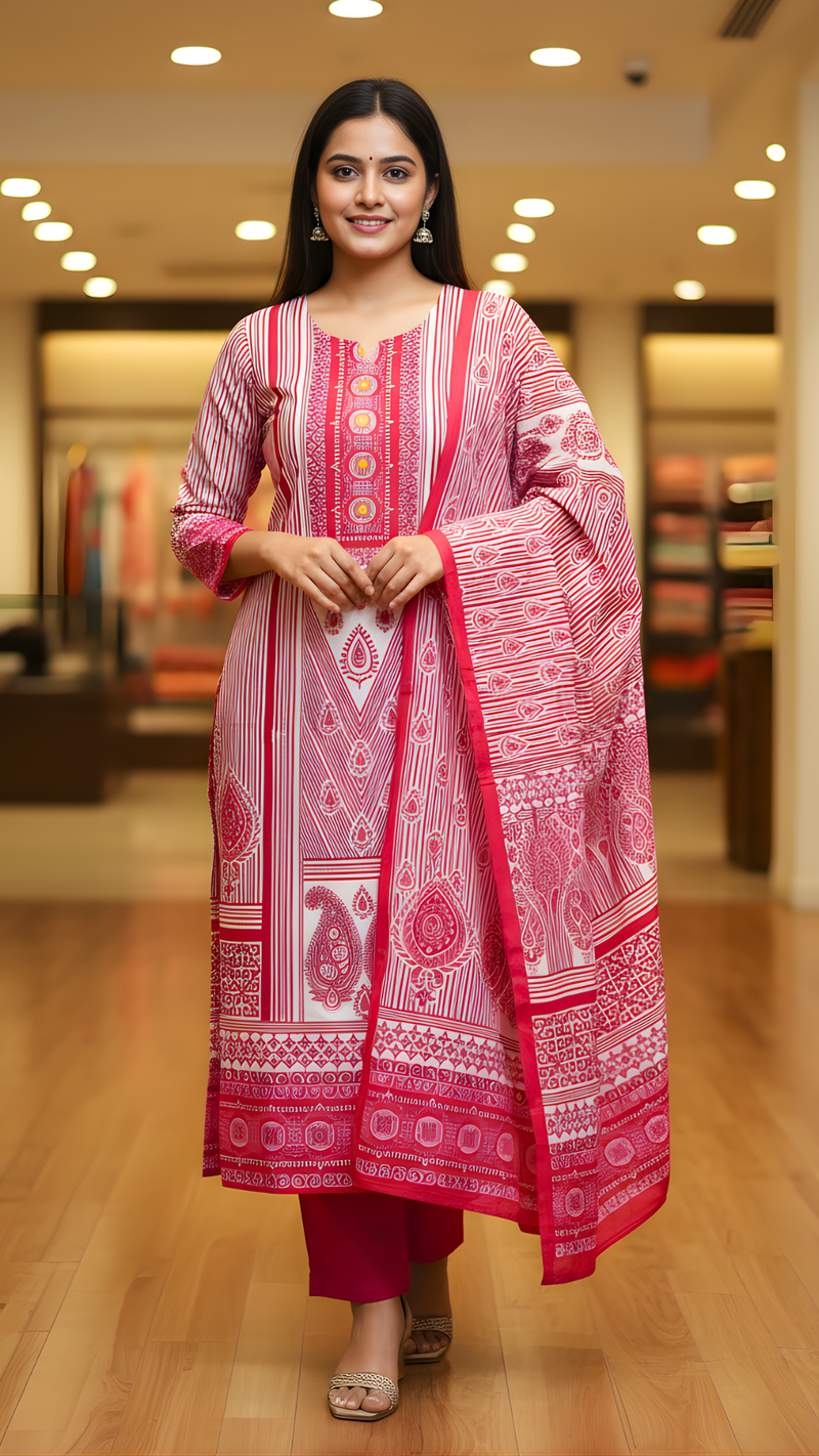 Magenta Pink Karachi Style Printed Cotton Suit