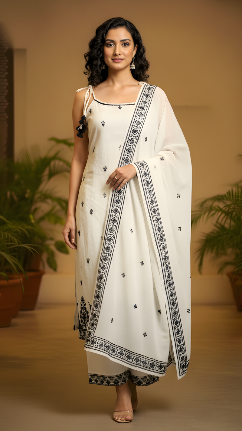 White Pure Mulmul Cotton Suit Set with Dupatta