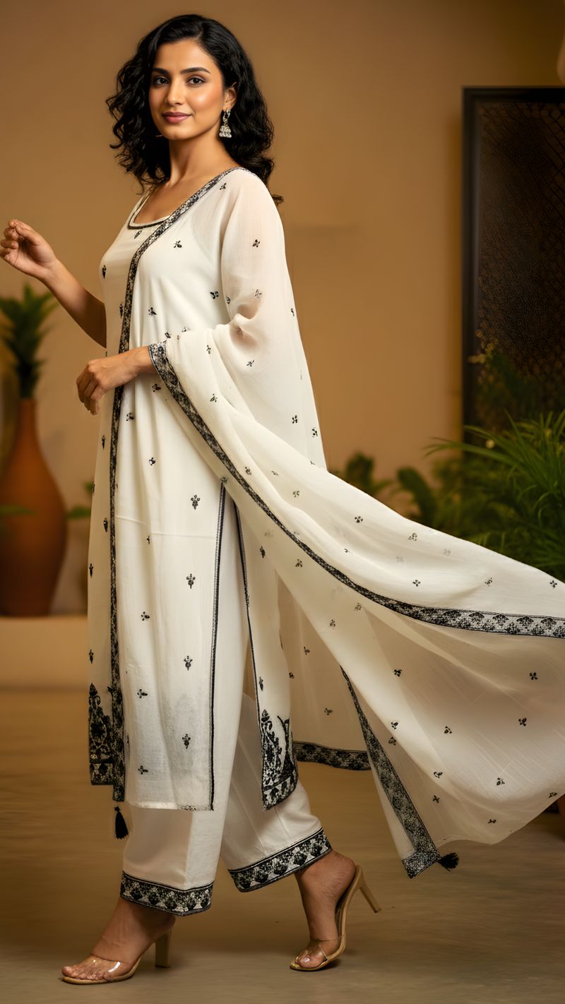 White Pure Mulmul Cotton Suit Set with Dupatta