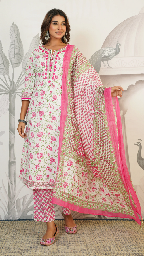 Gulaabo White & Pink Floral Printed Cambric Cotton Kurta Set